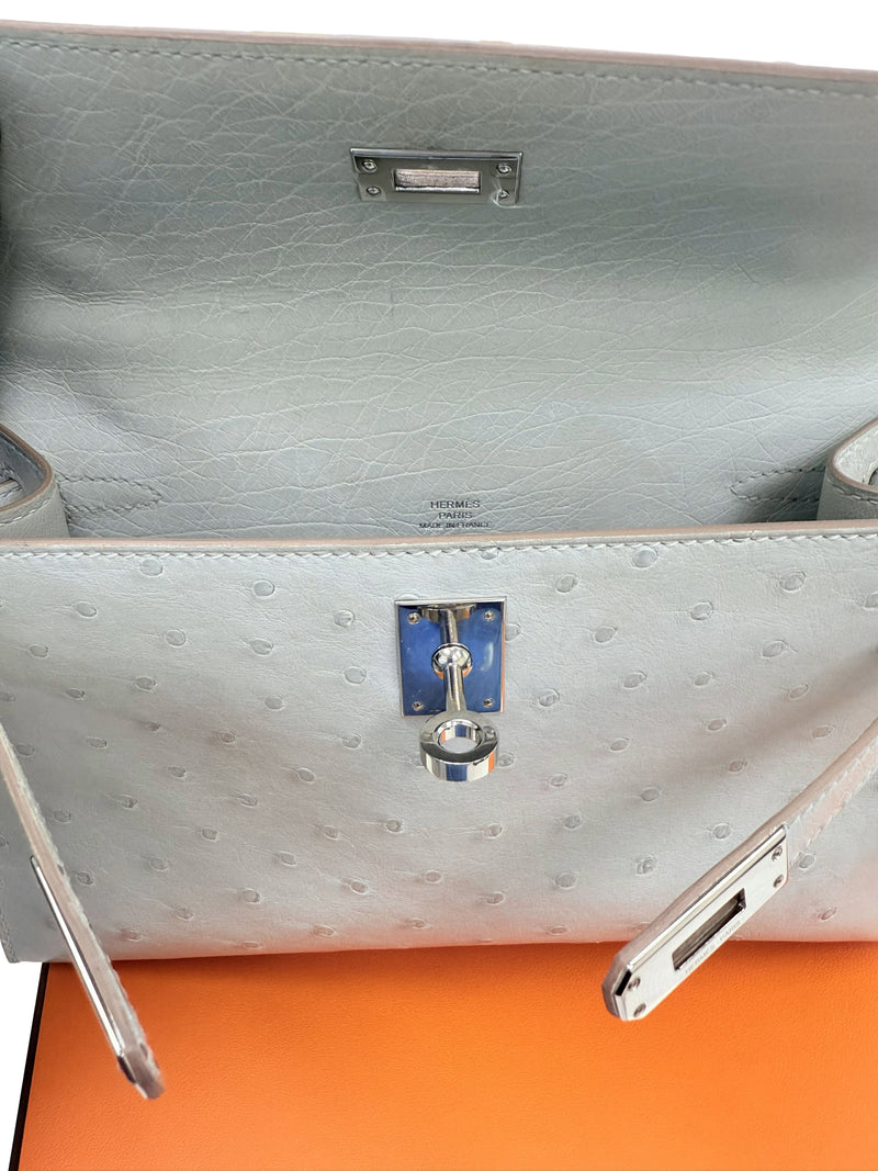 Hermes Kelly Pochette Gris Perle Ostrich With Palladium Hardware Handbag