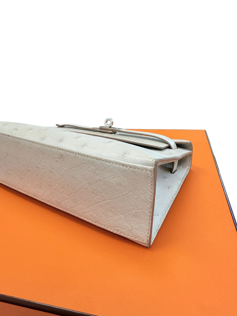Hermes Kelly Pochette Gris Perle Ostrich With Palladium Hardware Handbag