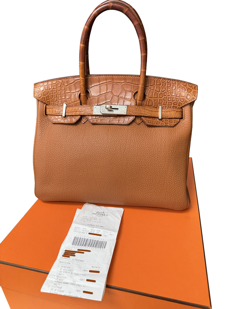 Hermes Birkin Touch 30 Gold Matte Alligator / Togo Limited Edition Palladium Bag