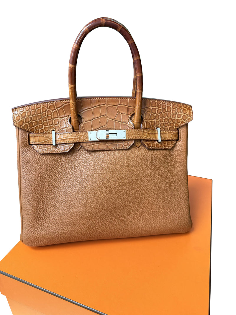 Hermes Birkin Touch 30 Gold Matte Alligator / Togo Limited Edition Palladium Bag