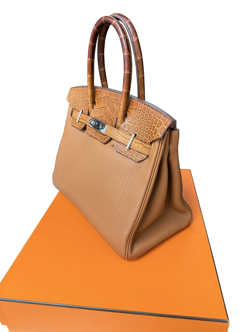 Hermes Birkin Touch 30 Gold Matte Alligator / Togo Limited Edition Palladium Bag