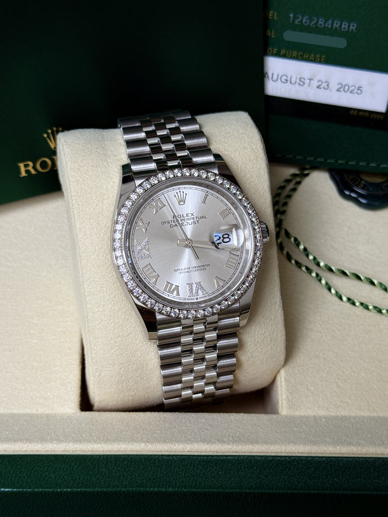 Rolex Datejust 36mm Silver Diamond Dial Bezel Steel Gold Jubilee Watch 126284RBR