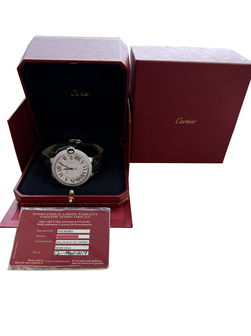 Cartier Ballon Bleu 42mm 18K White Gold Factory Diamond Bezel Watch WE900951