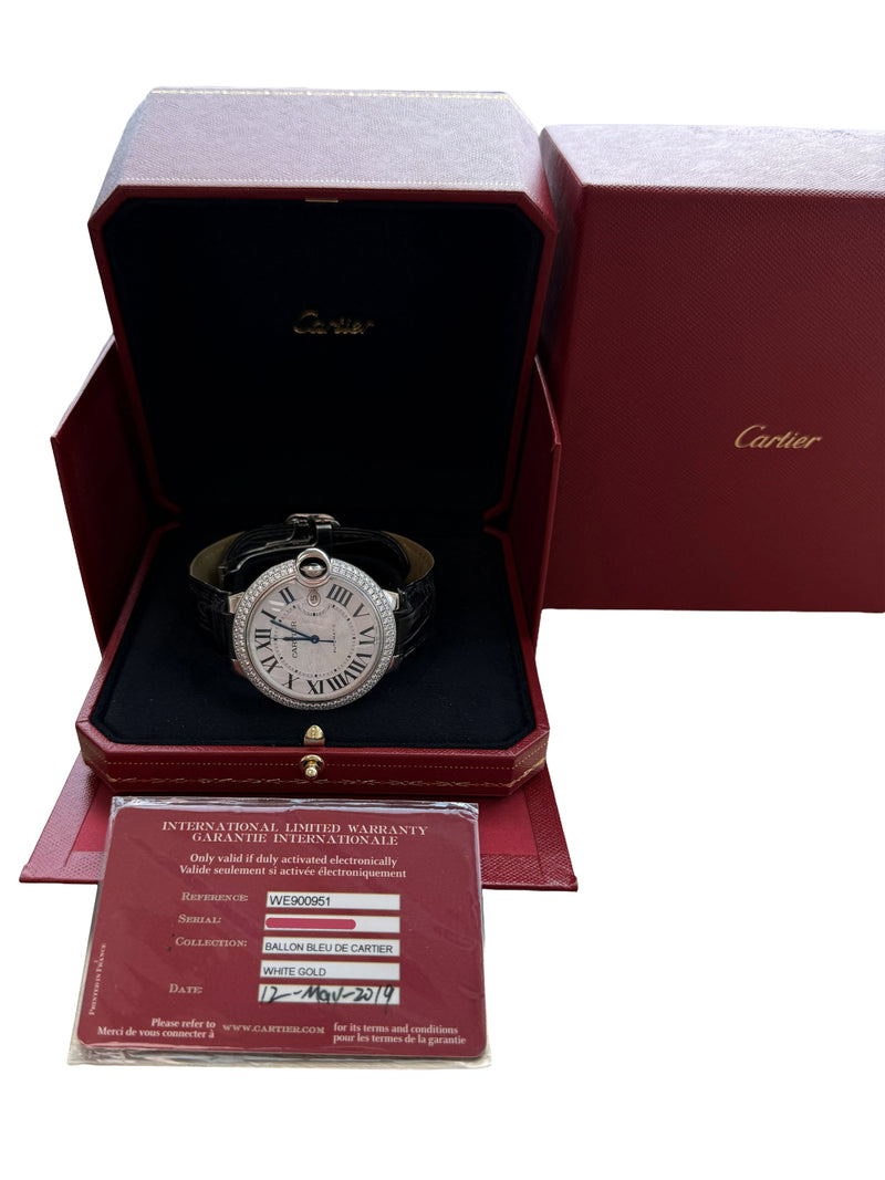 Cartier Ballon Bleu 42mm 18K White Gold Factory Diamond Bezel Watch WE900951