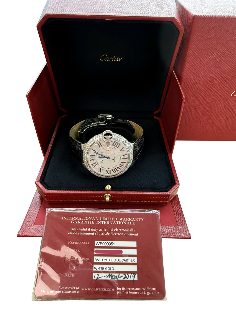 Cartier Ballon Bleu 42mm 18K White Gold Factory Diamond Bezel Watch WE900951