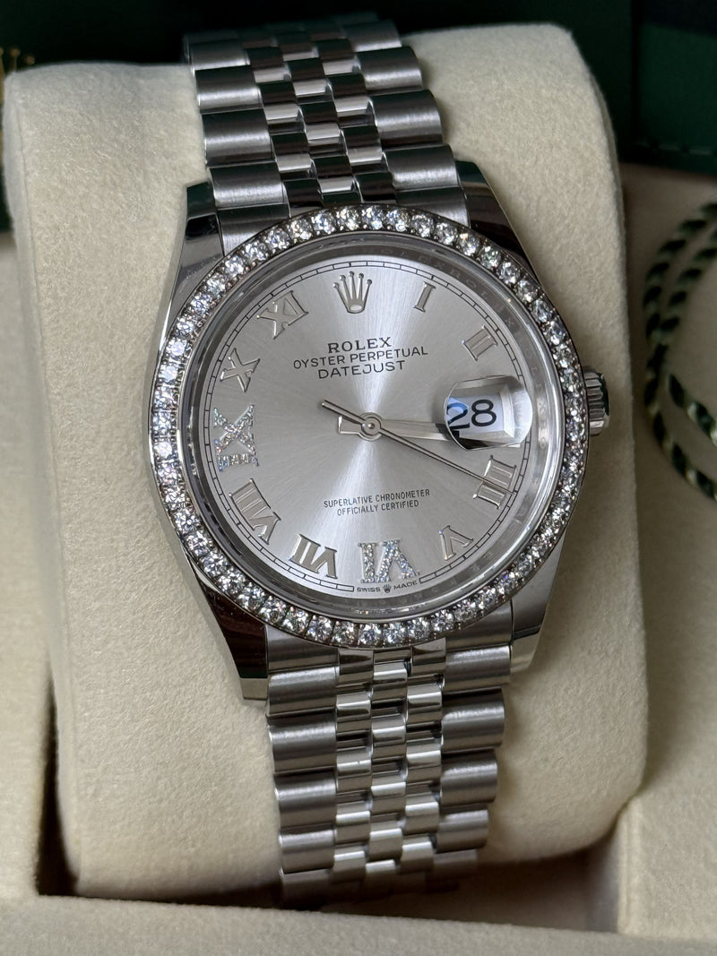 Rolex Datejust 36mm Silver Diamond Dial Bezel Steel Gold Jubilee Watch 126284RBR