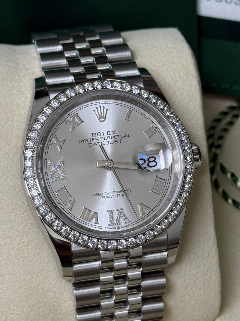 Rolex Datejust 36mm Silver Diamond Dial Bezel Steel Gold Jubilee Watch 126284RBR