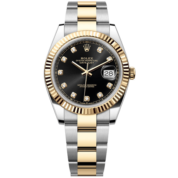 Rolex Datejust 41 Black Diamond Dial Yellow Gold Steel Fluted Bezel Watch 126333