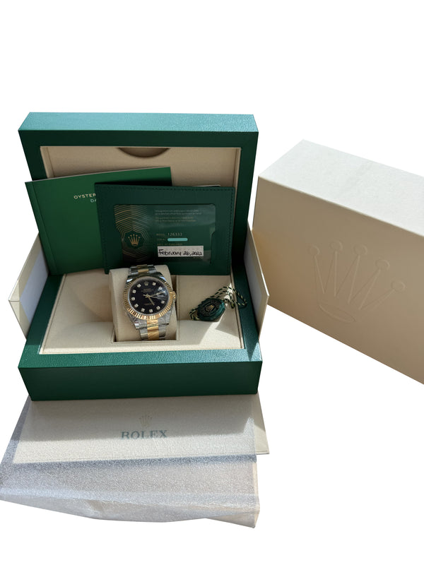 Rolex Datejust 41 Black Diamond Dial Yellow Gold Steel Fluted Bezel Watch 126333