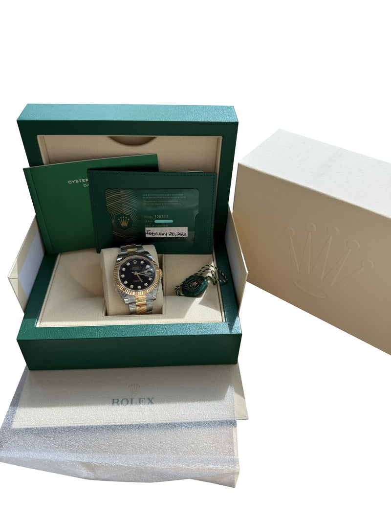 Rolex Datejust 41 Black Diamond Dial Yellow Gold Steel Fluted Bezel Watch 126333