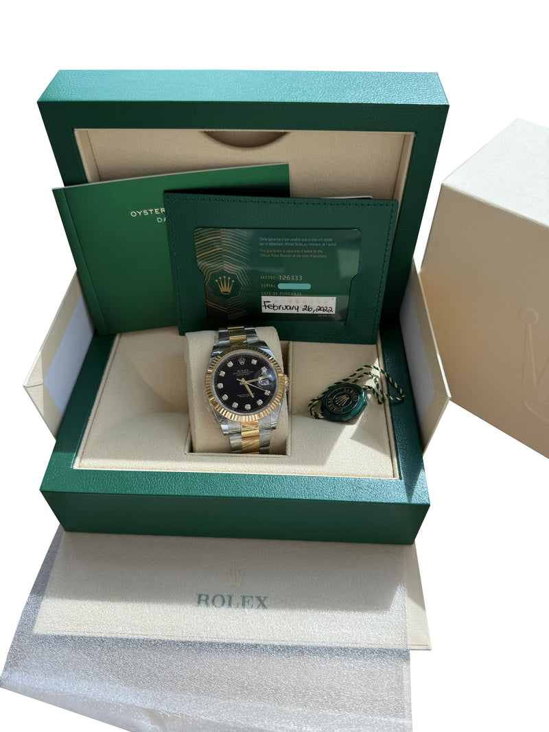 Rolex Datejust 41 Black Diamond Dial Yellow Gold Steel Fluted Bezel Watch 126333