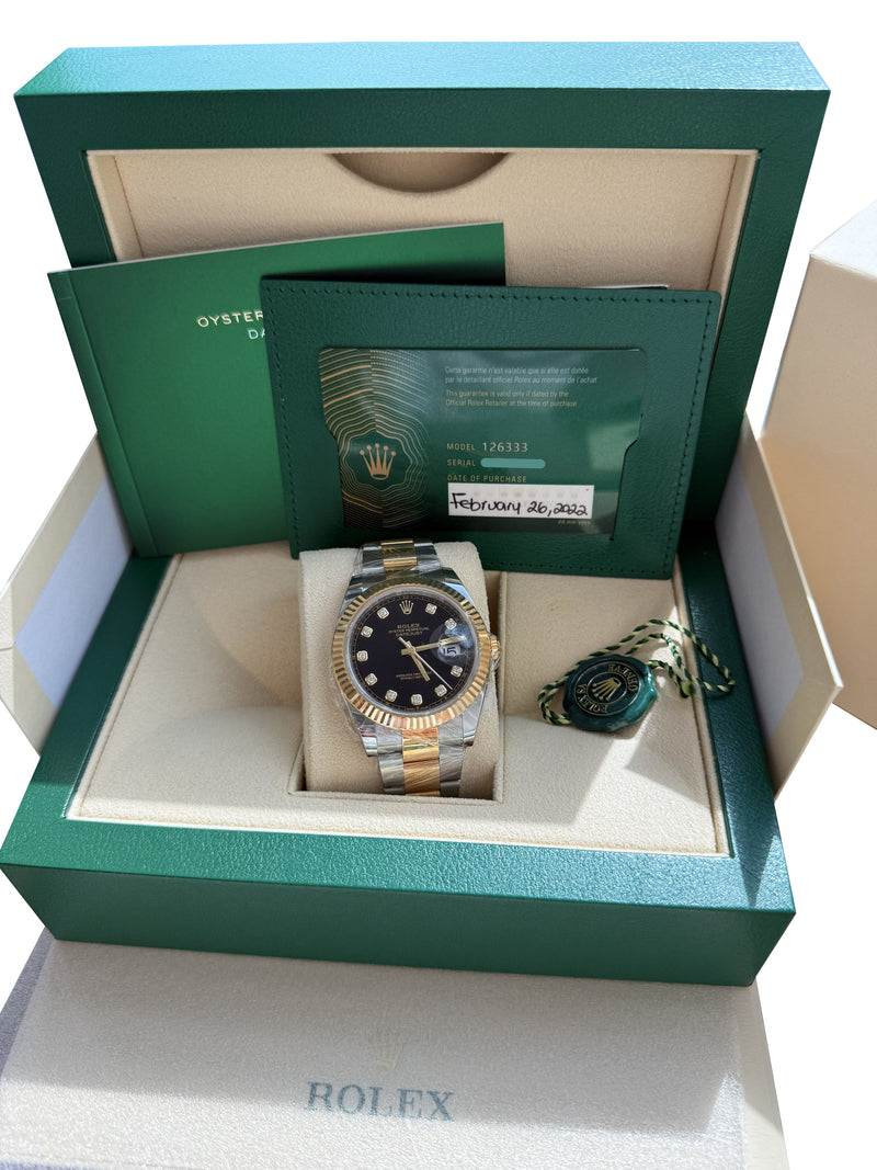 Rolex Datejust 41 Black Diamond Dial Yellow Gold Steel Fluted Bezel Watch 126333