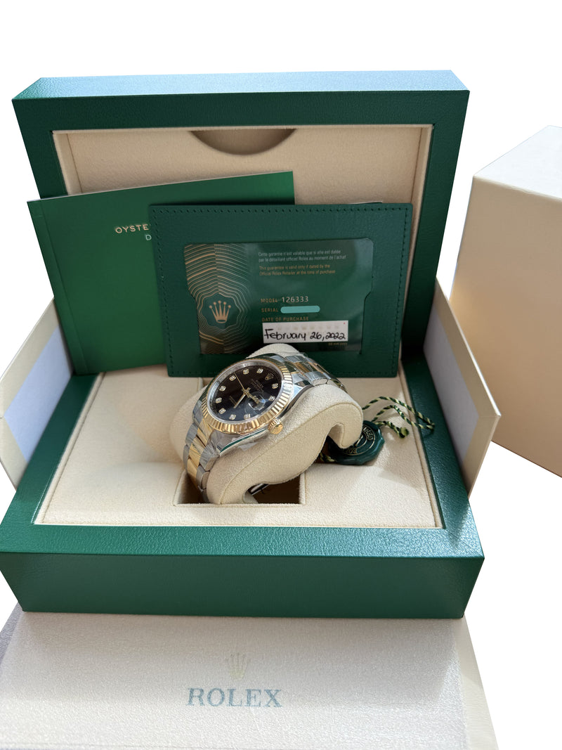 Rolex Datejust 41 Black Diamond Dial Yellow Gold Steel Fluted Bezel Watch 126333