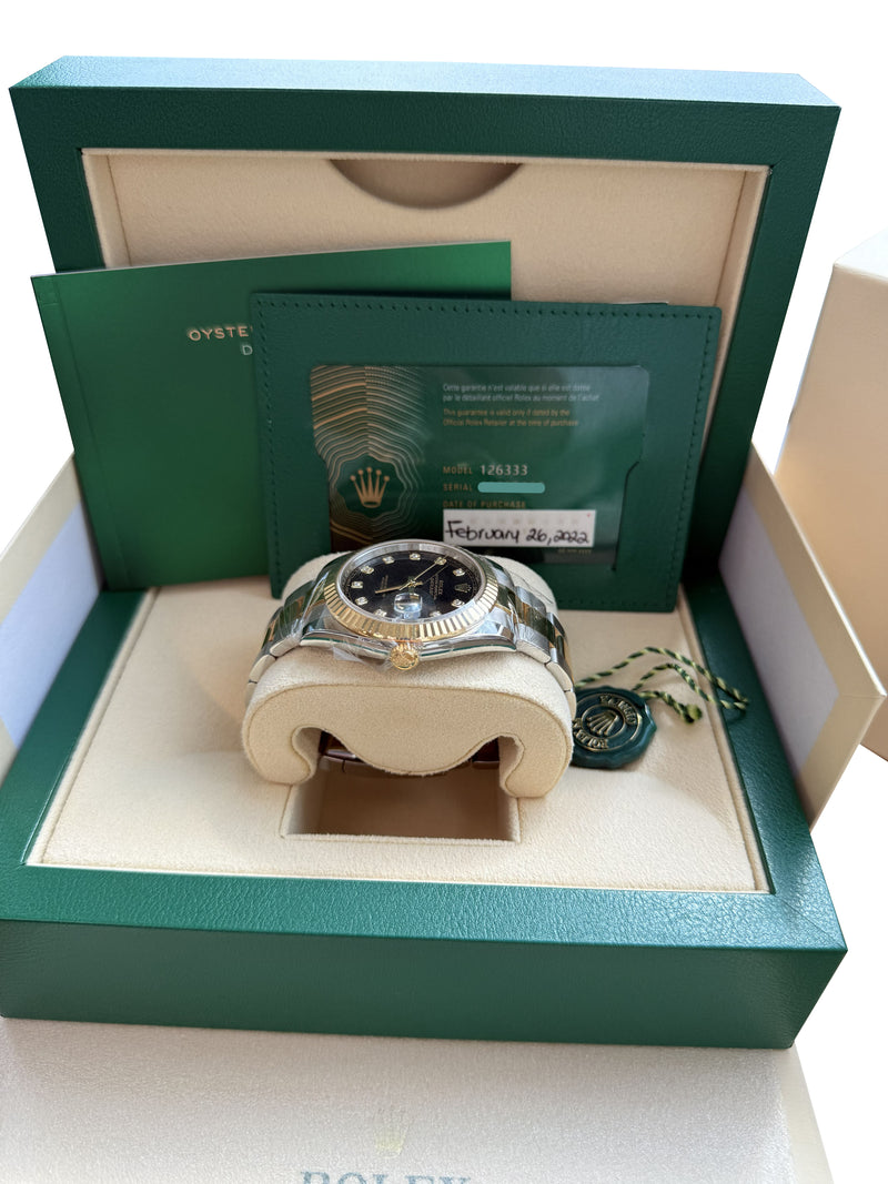 Rolex Datejust 41 Black Diamond Dial Yellow Gold Steel Fluted Bezel Watch 126333