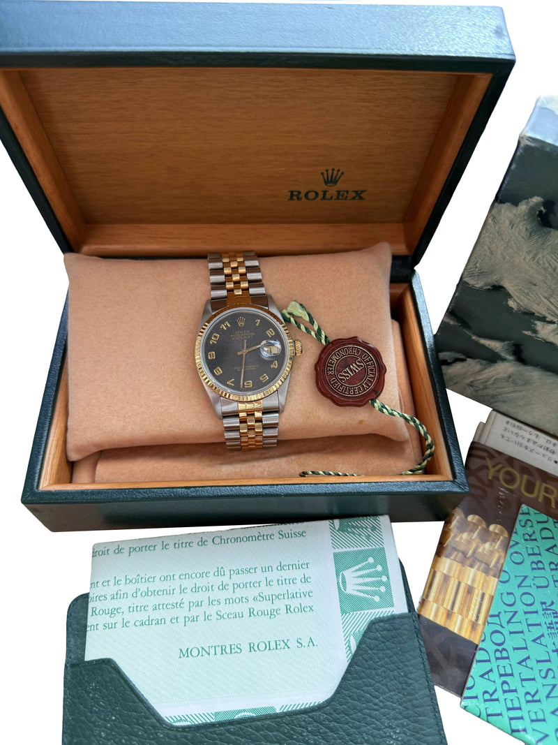 Rolex Datejust 36mm Jubilee Black Arabic Dial 18K Yellow Gold Steel Watch 16013