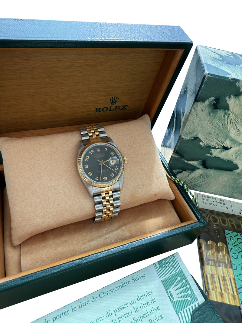 Rolex Datejust 36mm Jubilee Black Arabic Dial 18K Yellow Gold Steel Watch 16013