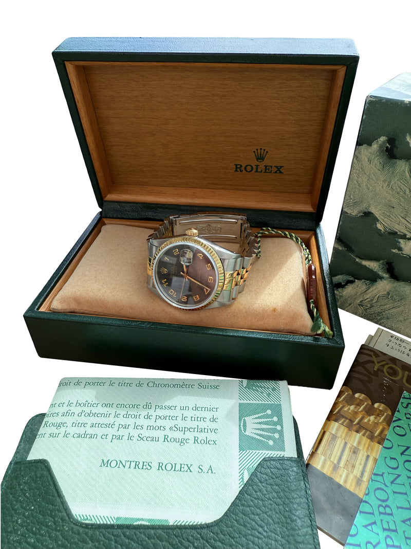 Rolex Datejust 36mm Jubilee Black Arabic Dial 18K Yellow Gold Steel Watch 16013