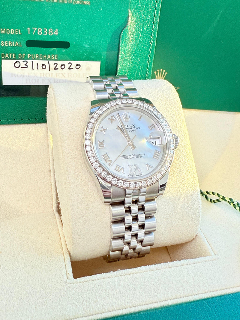 Rolex Datejust 31 Gold Steel Mother of Pearl VI Diamond Dial Bezel Watch 178384