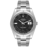 Rolex Datejust II Black Roman Dial Fluted Bezel Steel White Gold Watch 116334