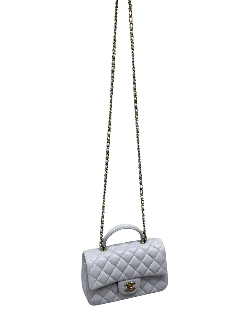 g*g様 CHANEL シャネル ミニバッグ ポーチ チャコールグレー×ホワイト CHANEL Mini Rectangle With Handle Grey Lambskin Leather Bag Light