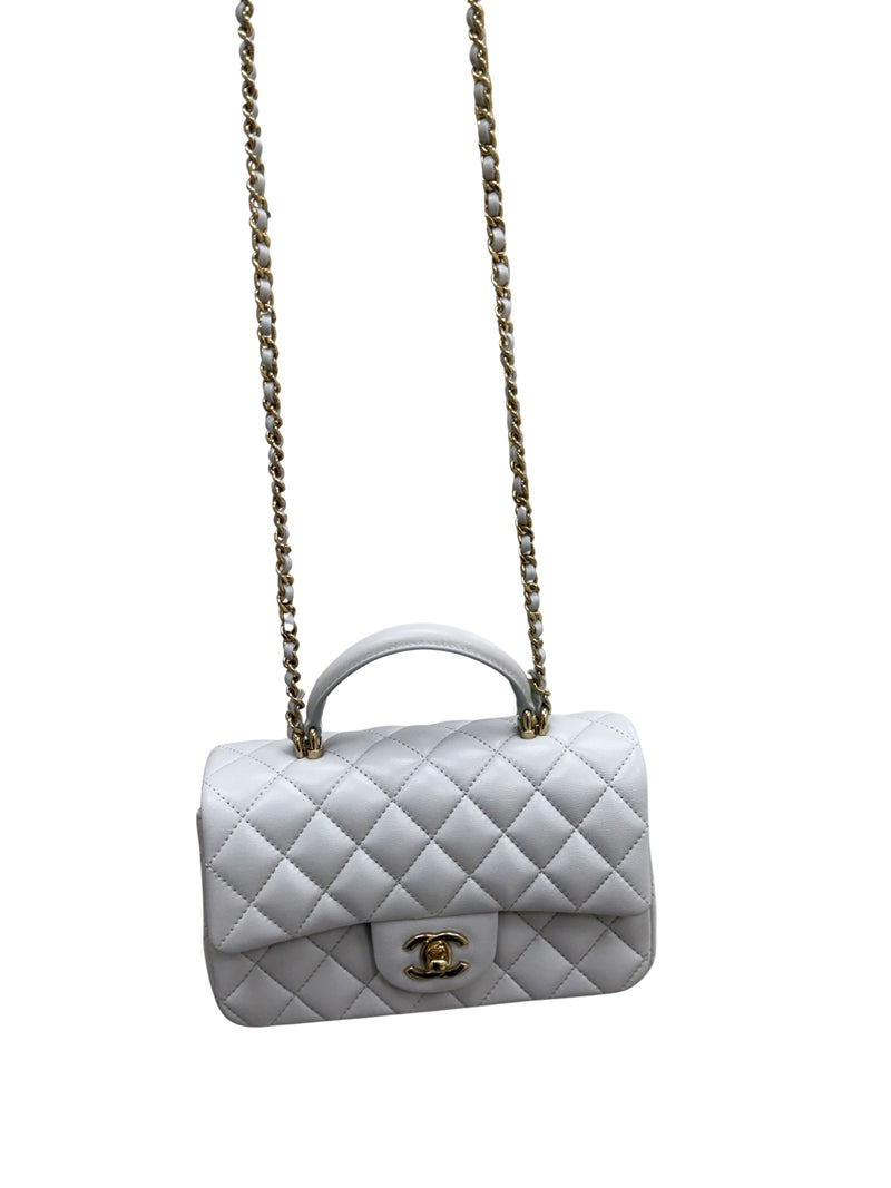 g*g様 CHANEL シャネル ミニバッグ ポーチ チャコールグレー×ホワイト CHANEL Mini Rectangle With Handle Grey Lambskin Leather Bag Light