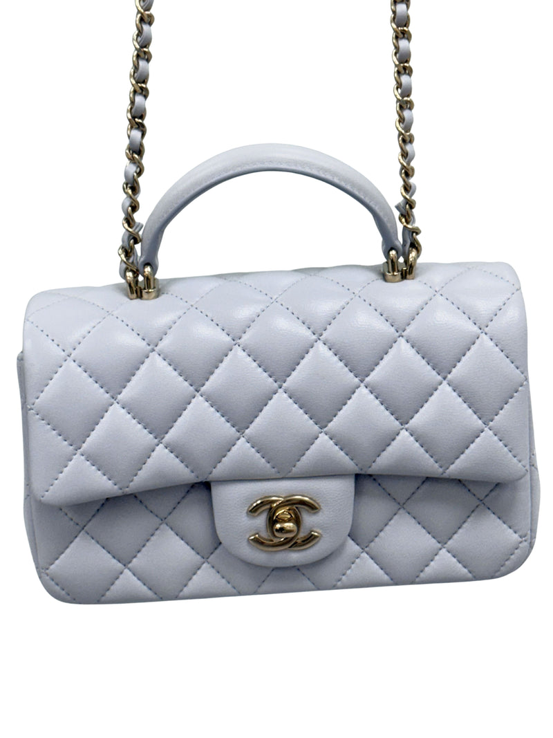g*g様 CHANEL シャネル ミニバッグ ポーチ チャコールグレー×ホワイト CHANEL Mini Rectangle With Handle Grey Lambskin Leather Bag Light