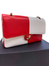 Chanel Lambskin Geometric Colorblock Medium Double Flap Red White
