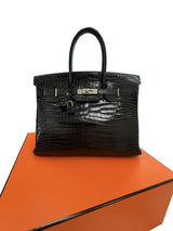 Hermes Birkin 35 Black Shiny Porosus Crocodile Palladium Hardware Handbag