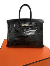 Hermes Birkin 35 Black Shiny Porosus Crocodile Palladium Hardware Handbag