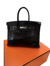 Hermes Birkin 35 Black Shiny Porosus Crocodile Palladium Hardware Handbag