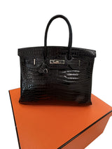 Hermes Birkin 35 Black Shiny Porosus Crocodile Palladium Hardware Handbag