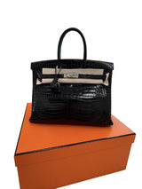 Hermes Birkin 35 Black Shiny Porosus Crocodile Palladium Hardware Handbag