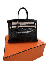 Hermes Birkin 35 Black Shiny Porosus Crocodile Palladium Hardware Handbag