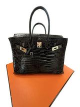 Hermes Birkin 35 Black Shiny Porosus Crocodile Palladium Hardware Handbag