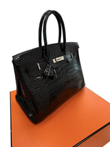 Hermes Birkin 35 Black Shiny Porosus Crocodile Palladium Hardware Handbag