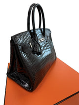 Hermes Birkin 35 Black Shiny Porosus Crocodile Palladium Hardware Handbag