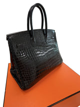 Hermes Birkin 35 Black Shiny Porosus Crocodile Palladium Hardware Handbag