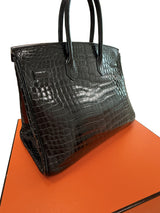 Hermes Birkin 35 Black Shiny Porosus Crocodile Palladium Hardware Handbag