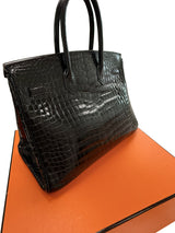 Hermes Birkin 35 Black Shiny Porosus Crocodile Palladium Hardware Handbag