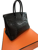 Hermes Birkin 35 Black Shiny Porosus Crocodile Palladium Hardware Handbag