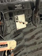 Hermes Birkin 35 Black Shiny Porosus Crocodile Palladium Hardware Handbag