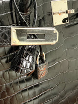 Hermes Birkin 35 Black Shiny Porosus Crocodile Palladium Hardware Handbag