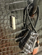 Hermes Birkin 35 Black Shiny Porosus Crocodile Palladium Hardware Handbag