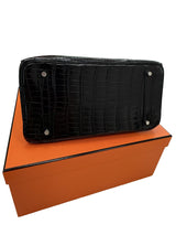 Hermes Birkin 35 Black Shiny Porosus Crocodile Palladium Hardware Handbag