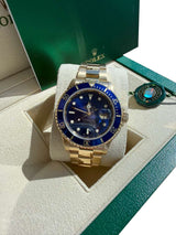 Rolex Submariner Date Yellow Gold Sunburst Blue Tritium Dial Men's Watch 16618