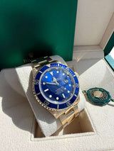 Rolex Submariner Date Yellow Gold Sunburst Blue Tritium Dial Men's Watch 16618