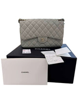 Chanel Classic Flap Medium Grey Leather CC Turn Lock Gold Tone Handbag