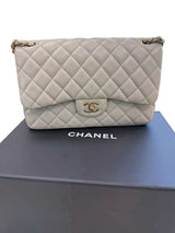 Chanel Classic Flap Medium Grey Leather CC Turn Lock Gold Tone Handbag