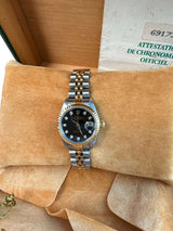 Rolex Lady-Datejust 26mm Yellow Gold Steel Diamond Black Dial Watch 69173