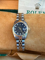 Rolex Lady-Datejust 26mm Yellow Gold Steel Diamond Black Dial Watch 69173